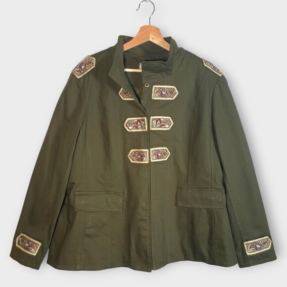 Chico's Quilted Military Jacket Sz 3 / XL Olive Green Embellished Baroque EUC - Picture 2 of 11